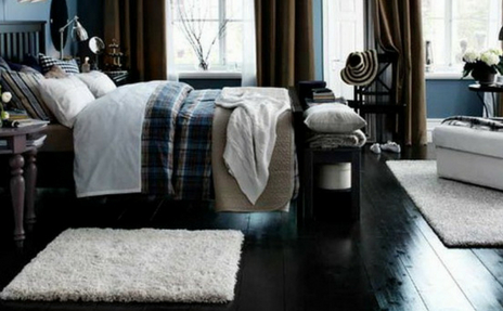 Dark Hardwood flooring in Winter Themed Bedroom